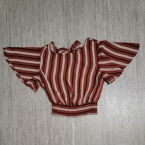 Forever 21 Size Small Boho Crop Top, Brown Cream Stripes, Sheer Fabric, Tie Back